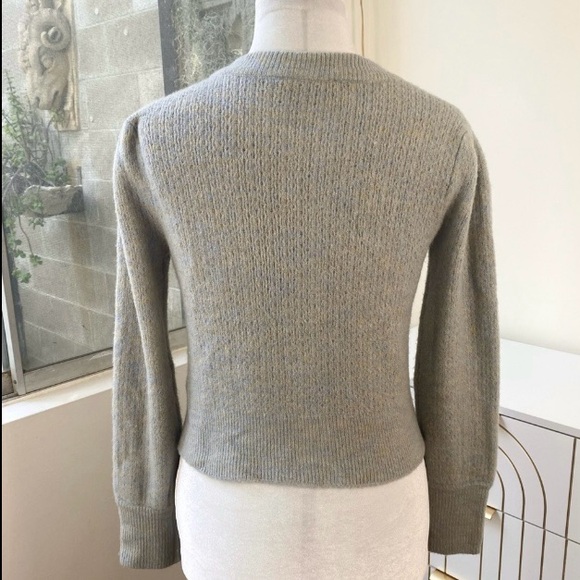 WAYF NWOT Jude Pointelle Puff Shoulder Cropped Heather Blue Gold Cardigan, Sz S - Picture 6 of 10